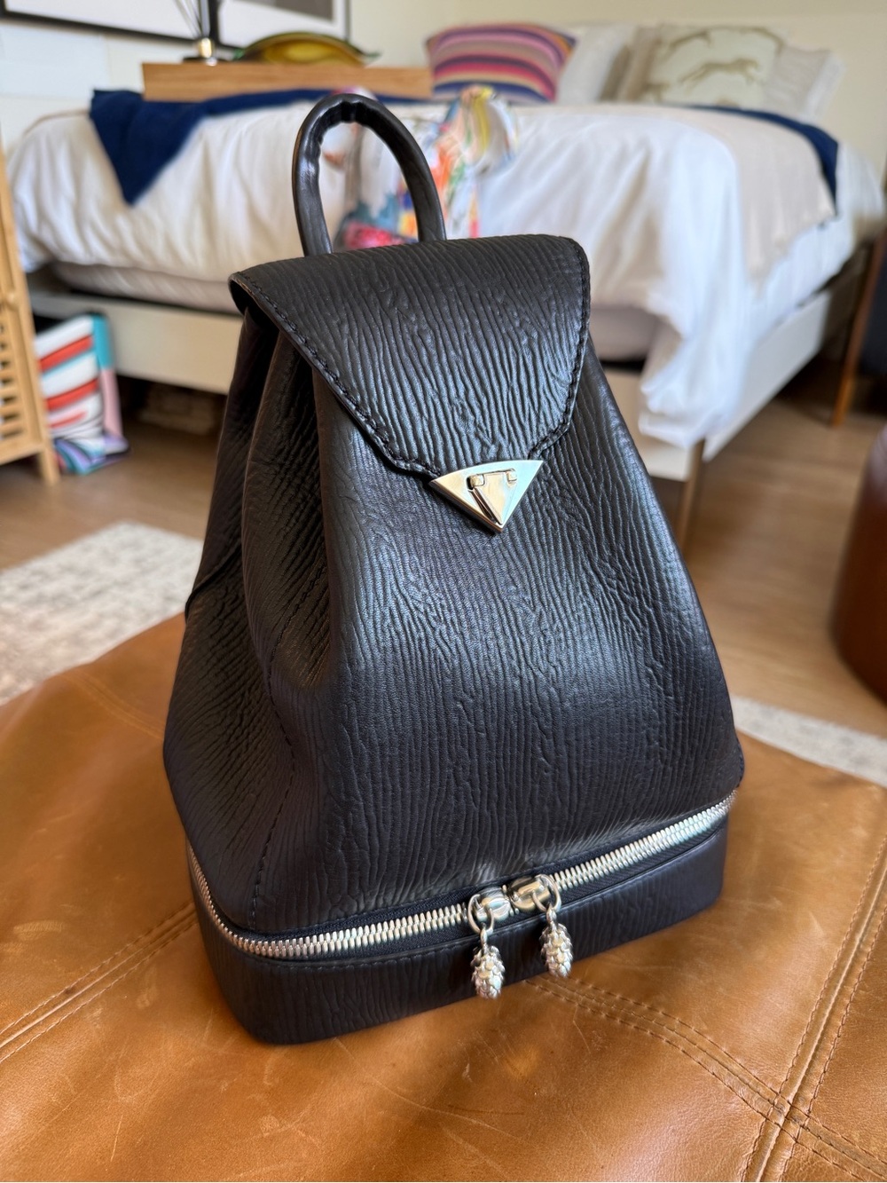 Tyler Ellis Debi Backpack Black Plunge Leather Chain Drawstring Pinecone Italy